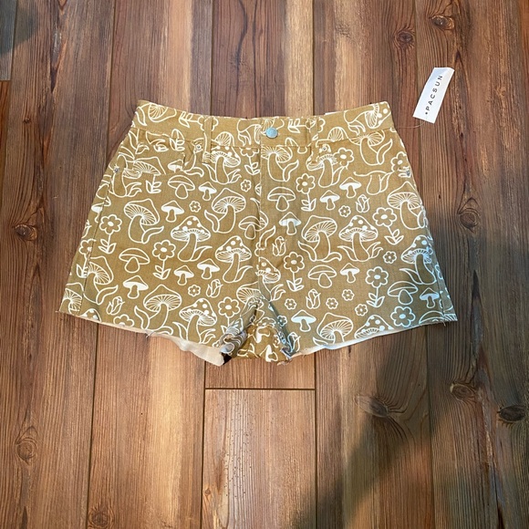 Mushroom Printed Tan Denim Shorts - Picture 1 of 3